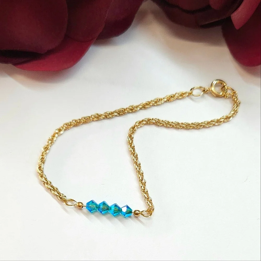 Handmade Teal Blue AB Crystal Bar Bracelet Gold Chain